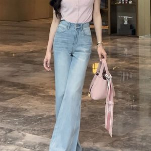 Light-Colored Flared Jeans for Women, Wide-Leg Bell-Bottom Pants, Plus Size, Summer Style, Perfect for Pear-Shaped Figures