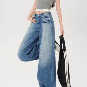Light-Colored Low-Waist Wide-Leg Jeans for Women, Cracked Design Loose Straight-Leg Pants, 2025 Spring/Summer Fashion