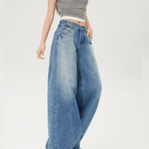 Light-Colored Low-Waist Wide-Leg Jeans for Women, Cracked Design Loose Straight-Leg Pants, 2025 Spring/Summer Fashion
