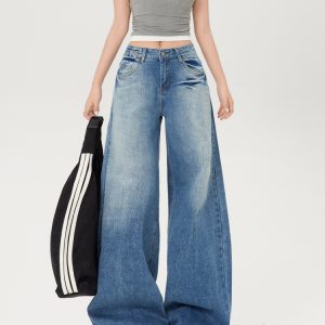 Light-Colored Low-Waist Wide-Leg Jeans for Women, Cracked Design Loose Straight-Leg Pants, 2025 Spring/Summer Fashion
