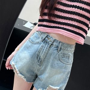 Light-Colored Ripped Denim Shorts for Women, High-Waisted Color-Block A-Line Skirt, Summer 2025 Korean Style Hot Pants