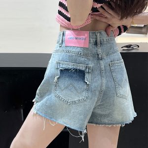Light-Colored Ripped Denim Shorts for Women, High-Waisted Color-Block A-Line Skirt, Summer 2025 Korean Style Hot Pants