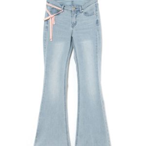 Light-Colored Slim-Fit Flared Jeans with Bowknot Detail - Summer Japanese Style Long Pants for Effortless Y2K Fashion