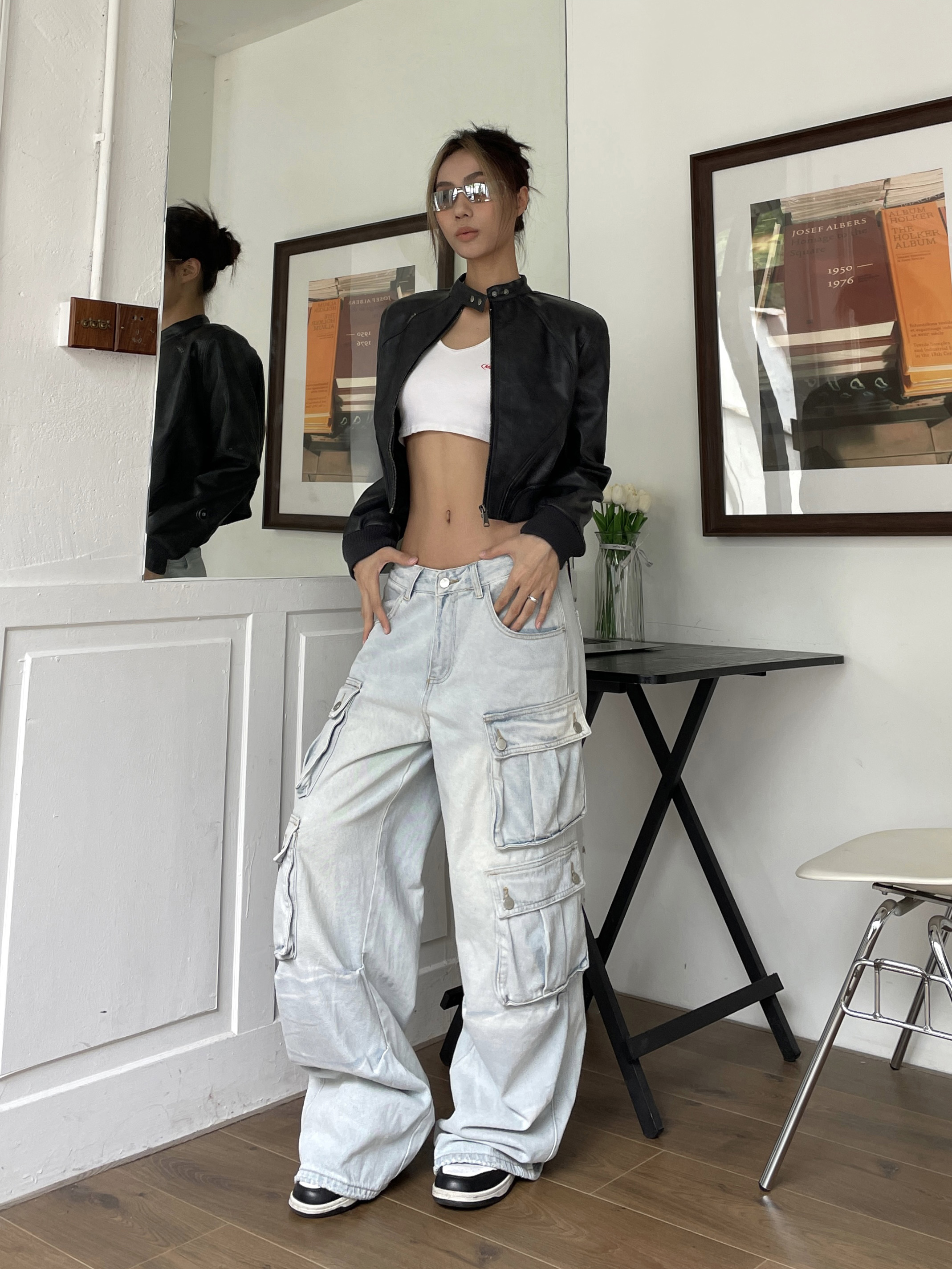 Light-Colored Wide-Leg Denim Workwear Pants with Multi-Pockets for Summer Street Style, Heavy-Duty American Vibe