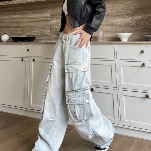 Light-Colored Wide-Leg Denim Workwear Pants with Multi-Pockets for Summer Street Style, Heavy-Duty American Vibe