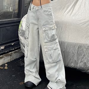 Light-Colored Wide-Leg Denim Workwear Pants with Multi-Pockets for Summer Street Style, Heavy-Duty American Vibe