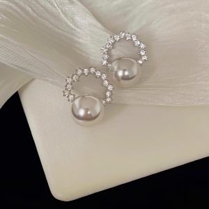 Light Luxury Full S925 Silver Earrings with Austrian Pearl and Diamond Inlay for Women - Elegant Jewelry Accessory