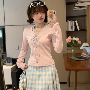 Light Pink Knitted Top for Women - Cute Slim Fit Long Sleeve T-Shirt, Perfect for Early Spring, Y2K Style Jacket