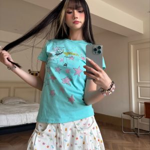 Light Y2K Star Cartoon Girl Printed Short Sleeve Slim Fit T-Shirt for Women - Retro American Style Summer Top