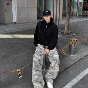 Light Yellow Camouflage Work Pants for Men - Casual Straight-Leg Wide-Leg Style for Spring and Autumn American Streetwear