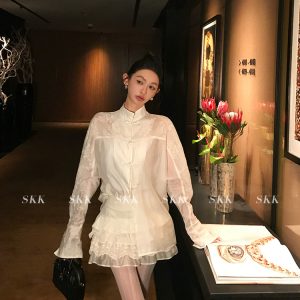 Lightweight Chinese Style Tencel Shirt and Lace Trim Skirt Set for Women - Elegant Old Money Aesthetic, Perfect for 90s and Y2K Fashion