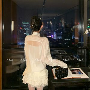 Lightweight Chinese Style Tencel Shirt and Lace Trim Skirt Set for Women - Elegant Old Money Aesthetic, Perfect for 90s and Y2K Fashion