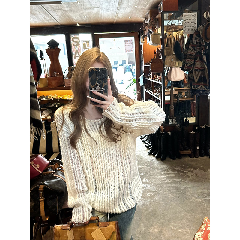 Lightweight Hollow Knit Pullover Sweater for Women - Slimming Loose Fit, Casual Style, Perfect for Layering and Everyday Wear