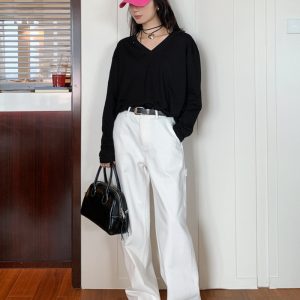 Lightweight Sun Protection V-Neck Long Sleeve T-Shirt for Women - Loose Versatile Slimming Drop Shoulder Knit Top for Summer Style