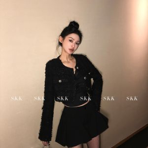 Limited Edition Black Coarse Tweed Short Chanel-Style Jacket for Women - Spring 2024 Fashion, Chic Layering Piece, Timeless Style
