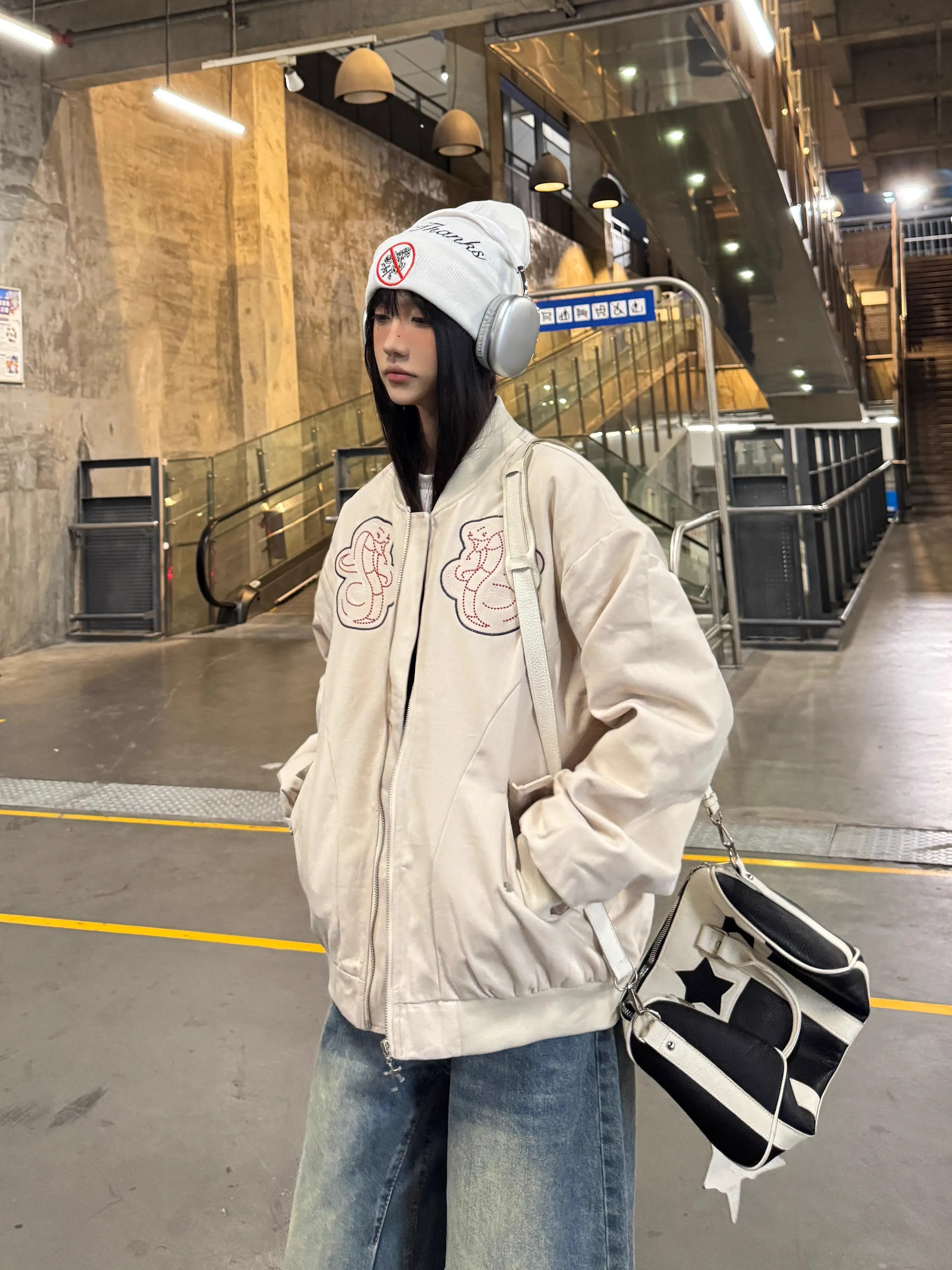 Limited Edition Embroidered Snake Flight Jacket - Vintage American Style, Spring 2025 Trend, Loose Fit Coat