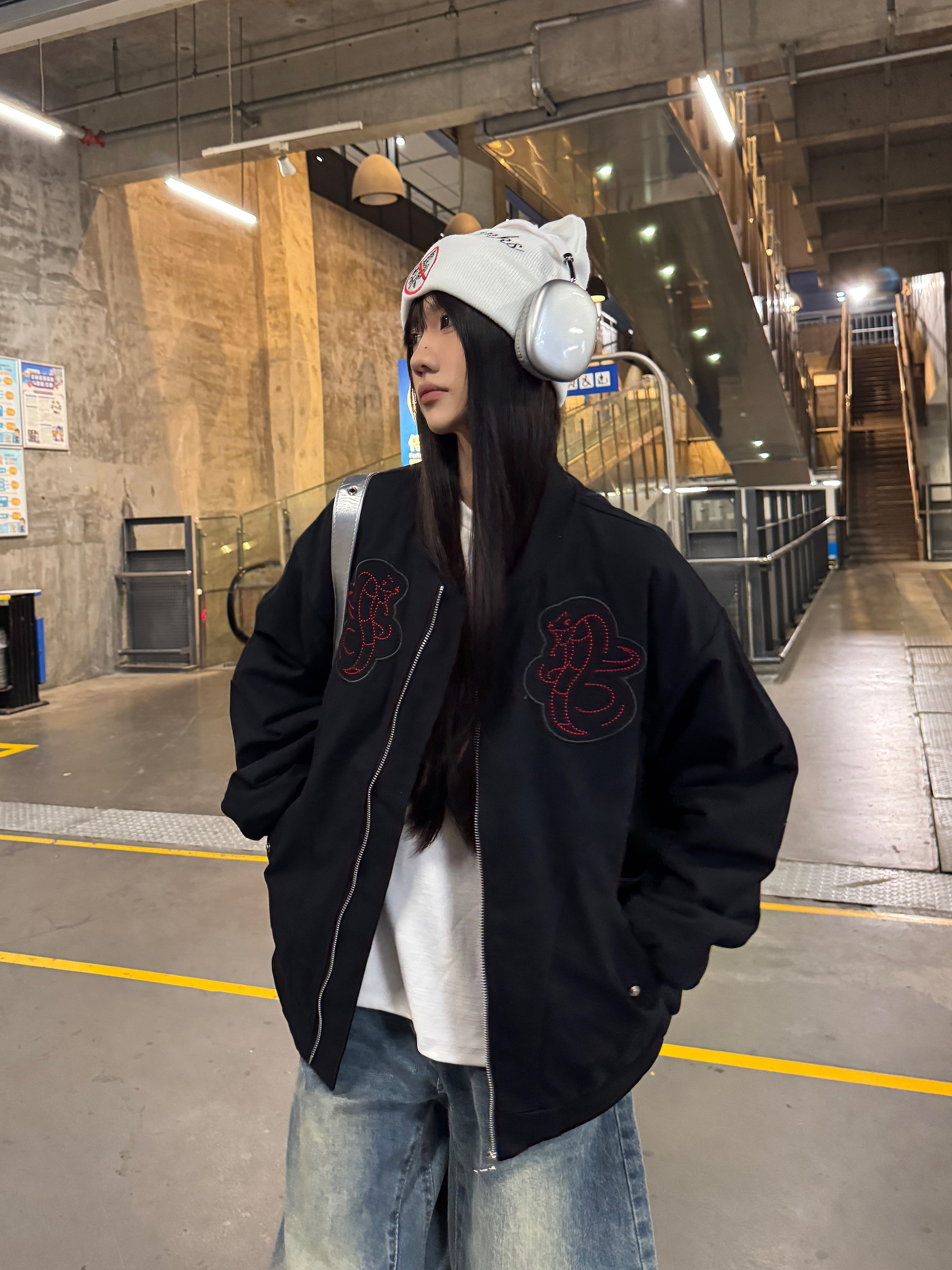 Limited Edition Embroidered Snake Flight Jacket - Vintage American Style, Spring 2025 Trend, Loose Fit Coat