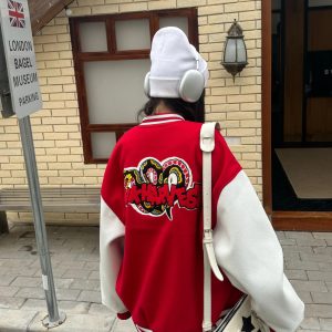 Limited Edition Velvet Embroidered Baseball Jacket for Couples - Loose Fit Red Coat, National Trend Spring Style for Year of the Snake