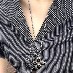 Long Petal Cross Necklace for Women with Agate Pendant - Simple & Elegant Instagram-Style Sweater Chain