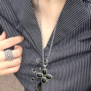 Long Petal Cross Necklace for Women with Agate Pendant - Simple & Elegant Instagram-Style Sweater Chain