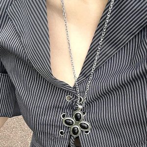 Long Petal Cross Necklace for Women with Agate Pendant - Simple & Elegant Instagram-Style Sweater Chain