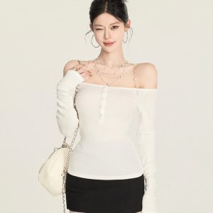 Long Sleeve Off-Shoulder T-Shirt for Women with Bell Sleeves - Winter 2024 New Design, Stylish Base Top, Y2K Fashion