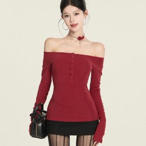 Long Sleeve Off-Shoulder T-Shirt for Women with Bell Sleeves - Winter 2024 New Design, Stylish Base Top, Y2K Fashion