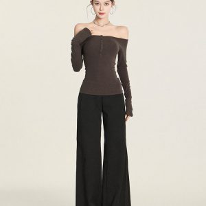 Long Sleeve Off-Shoulder T-Shirt for Women with Bell Sleeves - Winter 2024 New Design, Stylish Base Top, Y2K Fashion