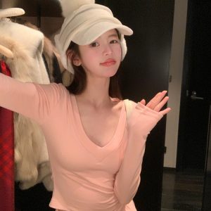 Long Sleeve V-Neck Fleece T-Shirt for Girls - Slim Fit, Flattering & Versatile Base Layer Top, Perfect for Layering & Everyday Wear