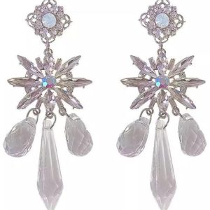 Long Tassel Silver Crystal Flower Dangle Earrings - Water Drop Design, Light Luxury High-End Studs for Women, Elegant Fashion Statement