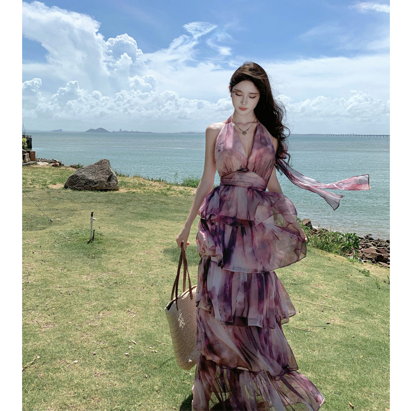 Long V-Neck Sleeveless Halter Backless Beach Dress for Seaside Vacations - Sanya Photo Shoot Inspired Cake Dress