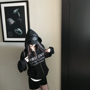 Loose Casual Zip-Up Hoodie with "All Day Busy Without Making Money" Print - Cozy Winter Jacket for Effortless Style