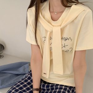 Loose Fit College Style Two-Piece Short Sleeve T-Shirt for Women - Flattering Shawl Half-Sleeve Top, Casual Chic Fashion