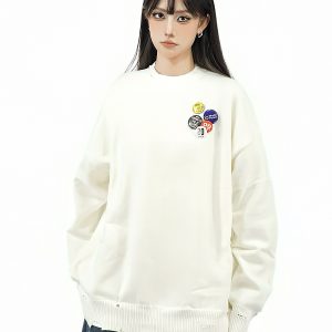 Loose-Fit Round Neck Knitted Sweater with Badge Hole - Versatile Casual Winter Sweater for Couples