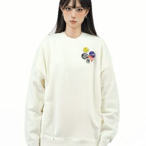 Loose-Fit Round Neck Knitted Sweater with Badge Hole - Versatile Casual Winter Sweater for Couples