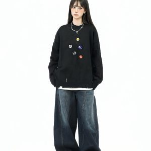 Loose-Fit Round Neck Knitted Sweater with Badge Hole - Versatile Casual Winter Sweater for Couples