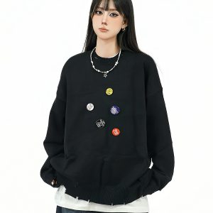 Loose-Fit Round Neck Knitted Sweater with Badge Hole - Versatile Casual Winter Sweater for Couples