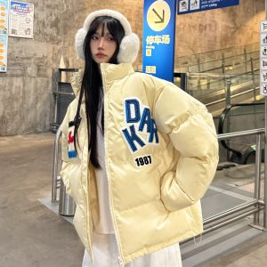 Loose Unisex Winter Puffer Jacket with Letter Embroidery - Thick Fleece Coat for Couples in National Trend Style