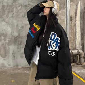 Loose Unisex Winter Puffer Jacket with Letter Embroidery - Thick Fleece Coat for Couples in National Trend Style
