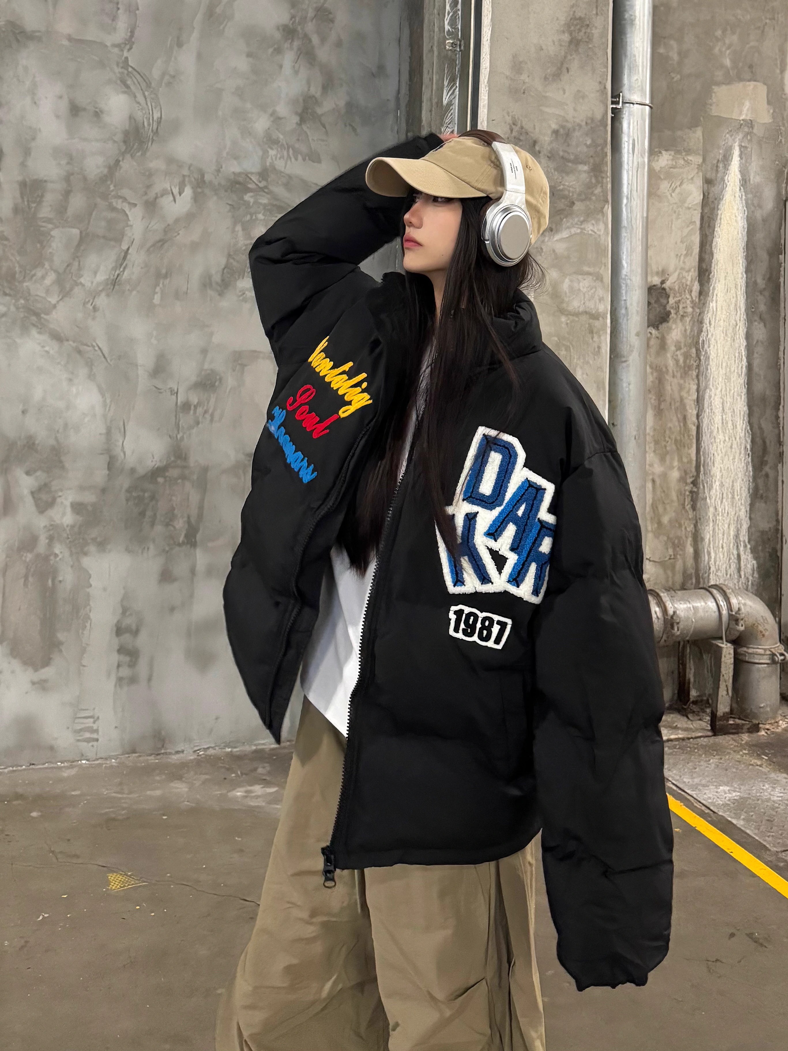 Loose Unisex Winter Puffer Jacket with Letter Embroidery - Thick Fleece Coat for Couples in National Trend Style