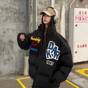 Loose Unisex Winter Puffer Jacket with Letter Embroidery - Thick Fleece Coat for Couples in National Trend Style