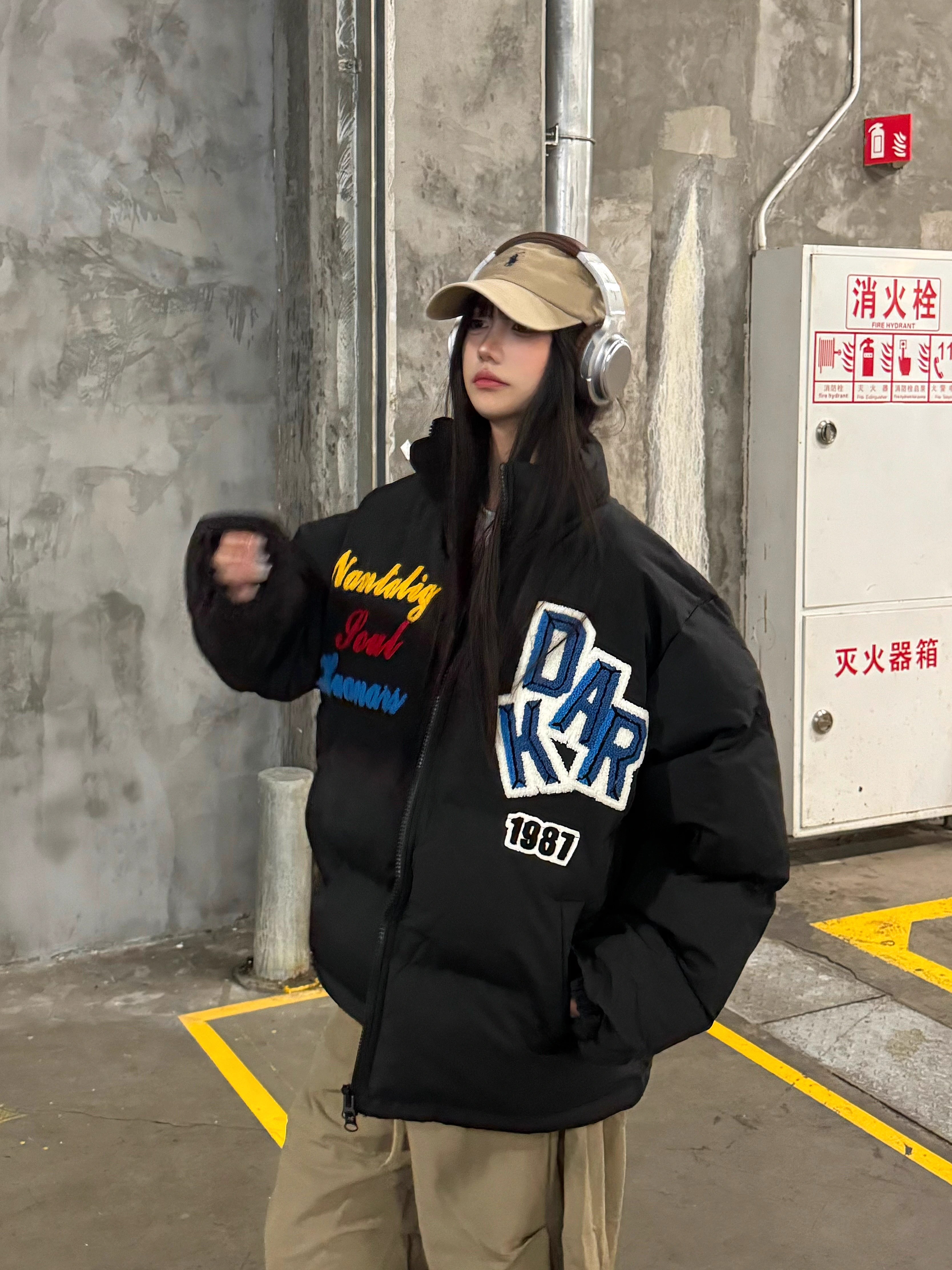 Loose Unisex Winter Puffer Jacket with Letter Embroidery - Thick Fleece Coat for Couples in National Trend Style