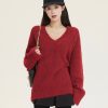 Loose V-Neck Pullover Sweater for Women, Flattering Knit Top, Mid-Length Autumn Winter Fashion