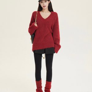Loose V-Neck Pullover Sweater for Women, Flattering Knit Top, Mid-Length Autumn Winter Fashion