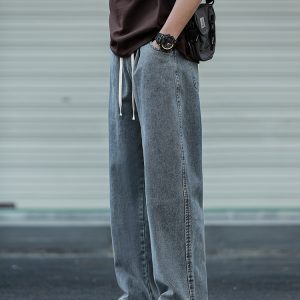 Loose Water-Washed Denim Harem Pants for Men - Trendy Drawstring Design, Draping Effect, Versatile Hong Kong Style