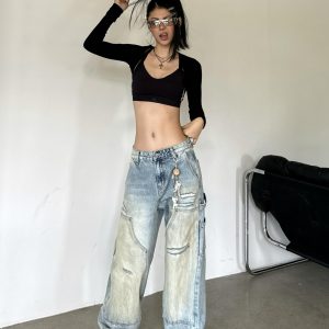 Loose Wide Leg Deconstructed Patchwork Denim Pants in Yellow Mud - Vintage Style 90s Inspired Spicy Girl Design