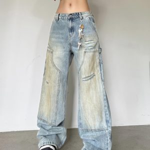 Loose Wide Leg Deconstructed Patchwork Denim Pants in Yellow Mud - Vintage Style 90s Inspired Spicy Girl Design