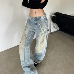 Loose Wide Leg Deconstructed Patchwork Denim Pants in Yellow Mud - Vintage Style 90s Inspired Spicy Girl Design