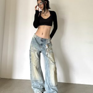 Loose Wide Leg Deconstructed Patchwork Denim Pants in Yellow Mud - Vintage Style 90s Inspired Spicy Girl Design