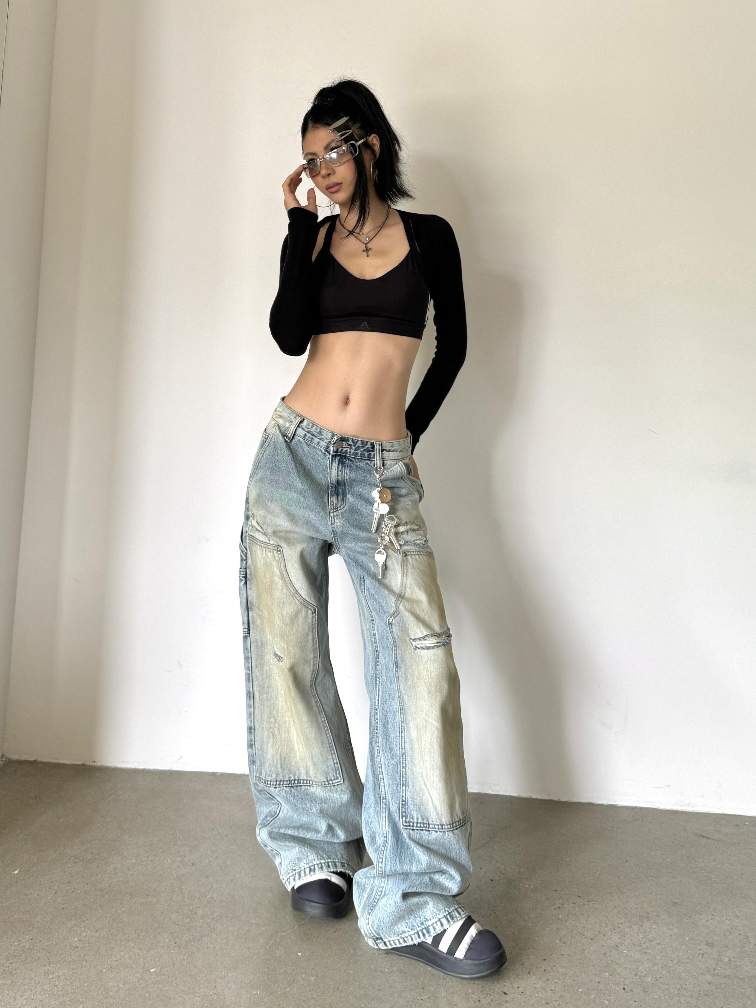 Loose Wide Leg Deconstructed Patchwork Denim Pants in Yellow Mud - Vintage Style 90s Inspired Spicy Girl Design